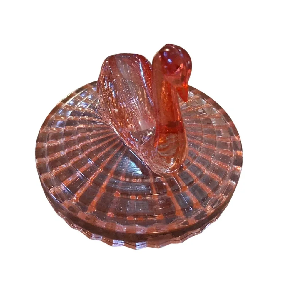 Vintage Jeanette Amberina Glass Powder Dish w/Swan Lipstick Holder Lid